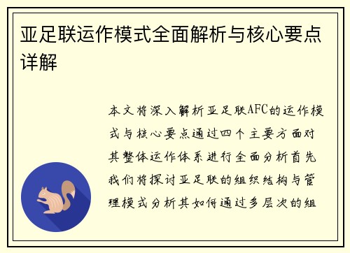 亚足联运作模式全面解析与核心要点详解